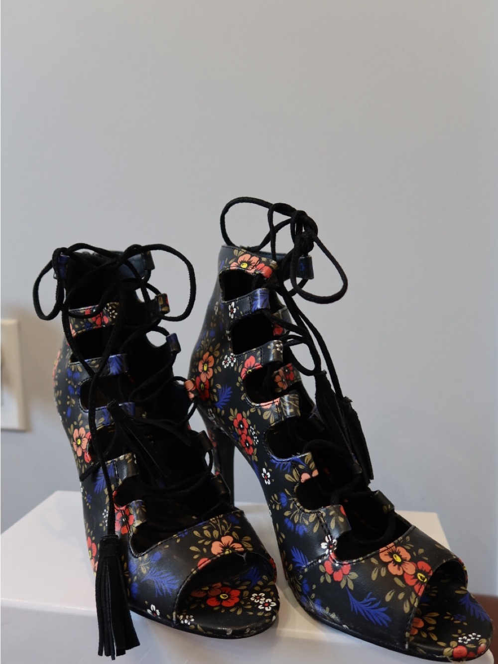 Nine West Black Floral Lace-Up Cutout Heels with Tassels